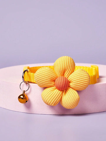 Small cat and dog pet collar with 3D floral bow knot and bell, made from polyamide in a plain multicolor design