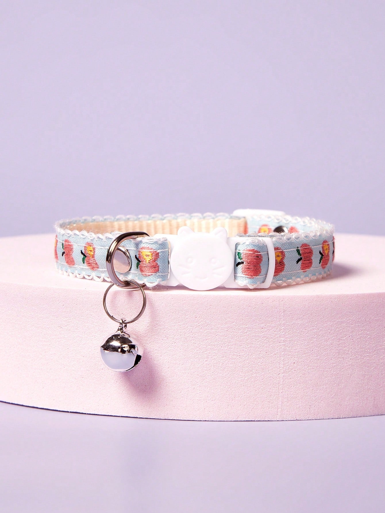 Multicolor adjustable pet collar with embroidered apple or cherry fruit pattern, buckle closure, and bell for cats and small dogs