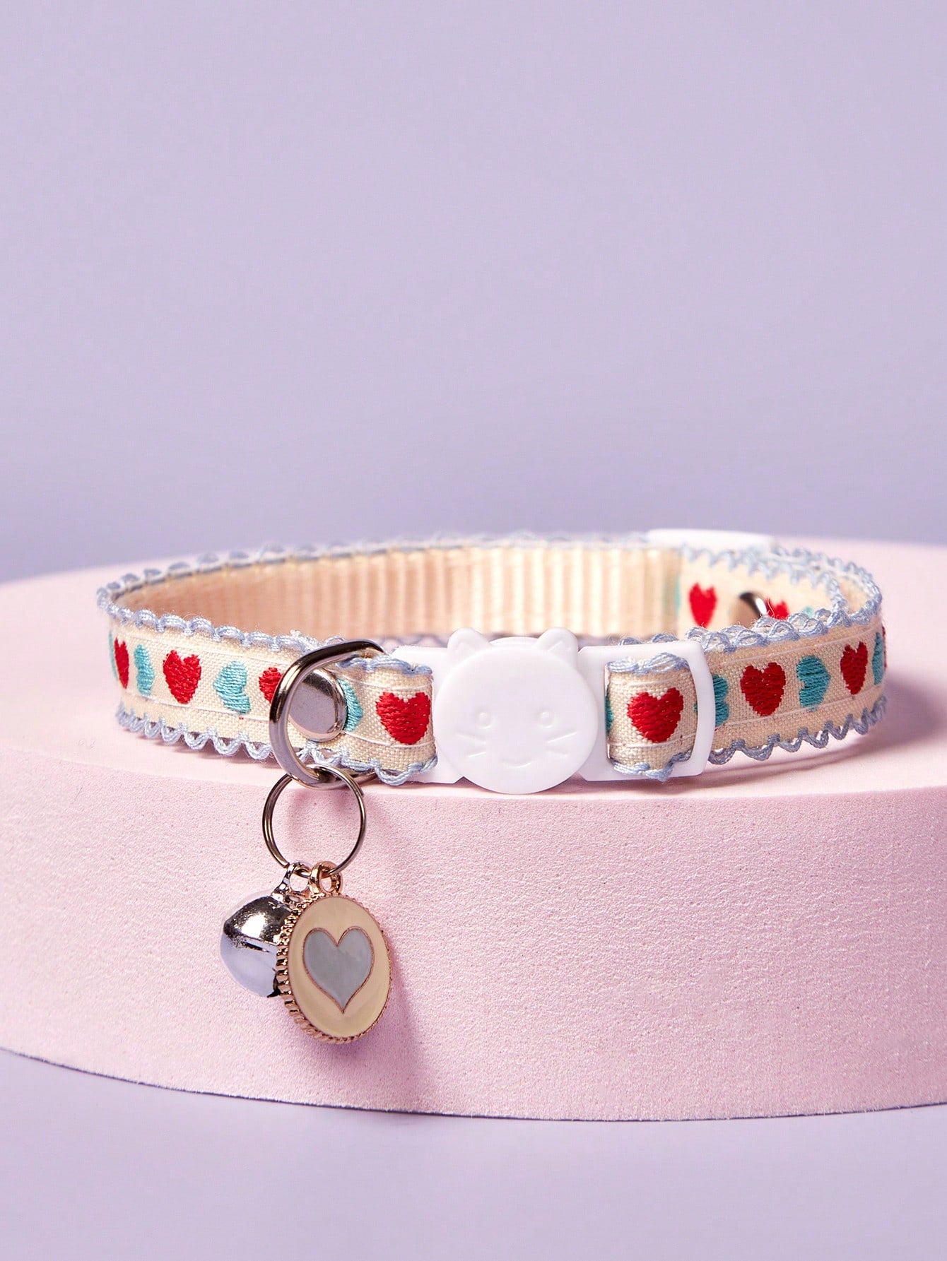 Multicolor adjustable pet collar with embroidered apple or cherry fruit pattern, buckle closure, and bell for cats and small dogs