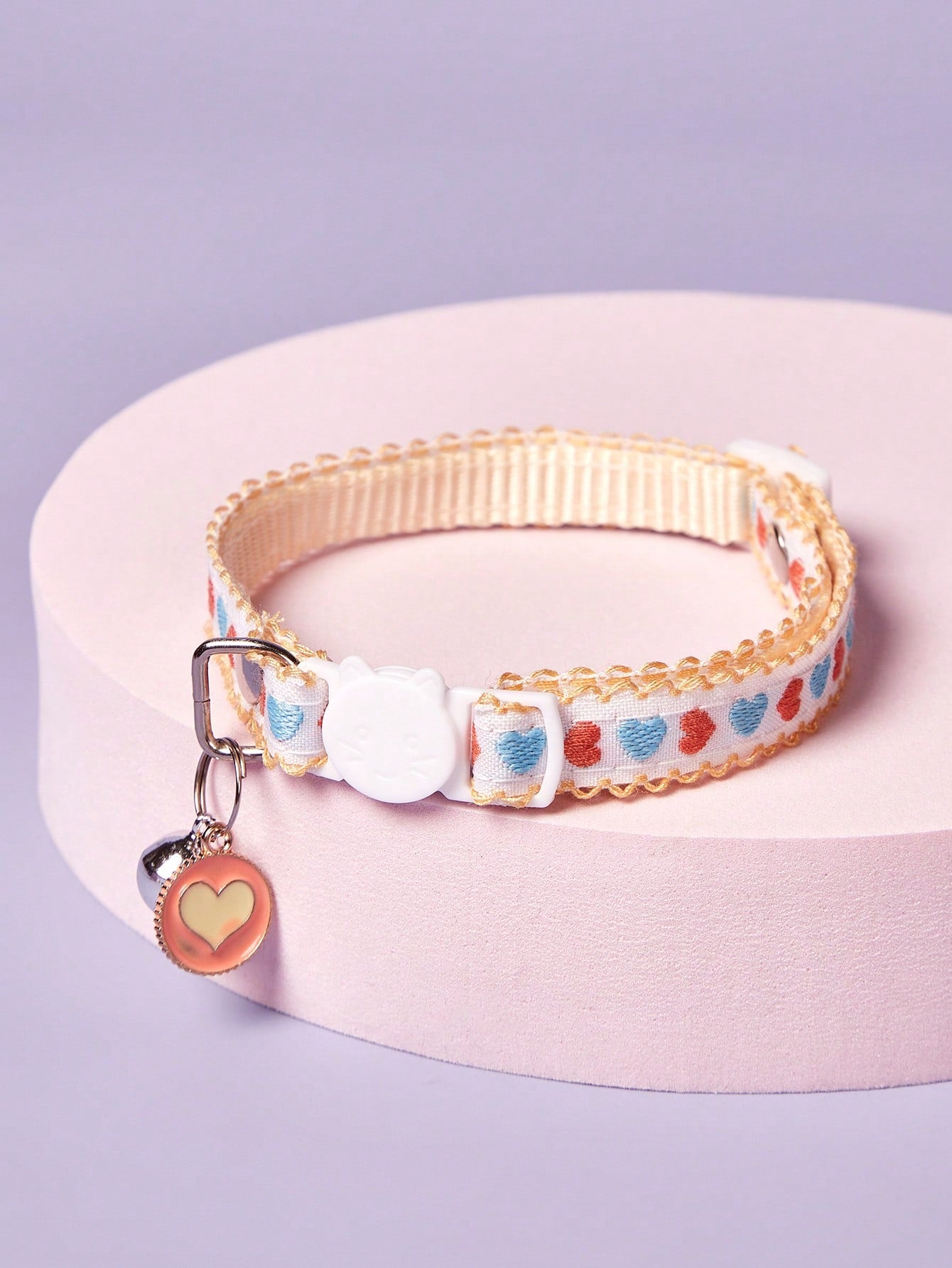 Multicolor adjustable pet collar with embroidered apple or cherry fruit pattern, buckle closure, and bell for cats and small dogs