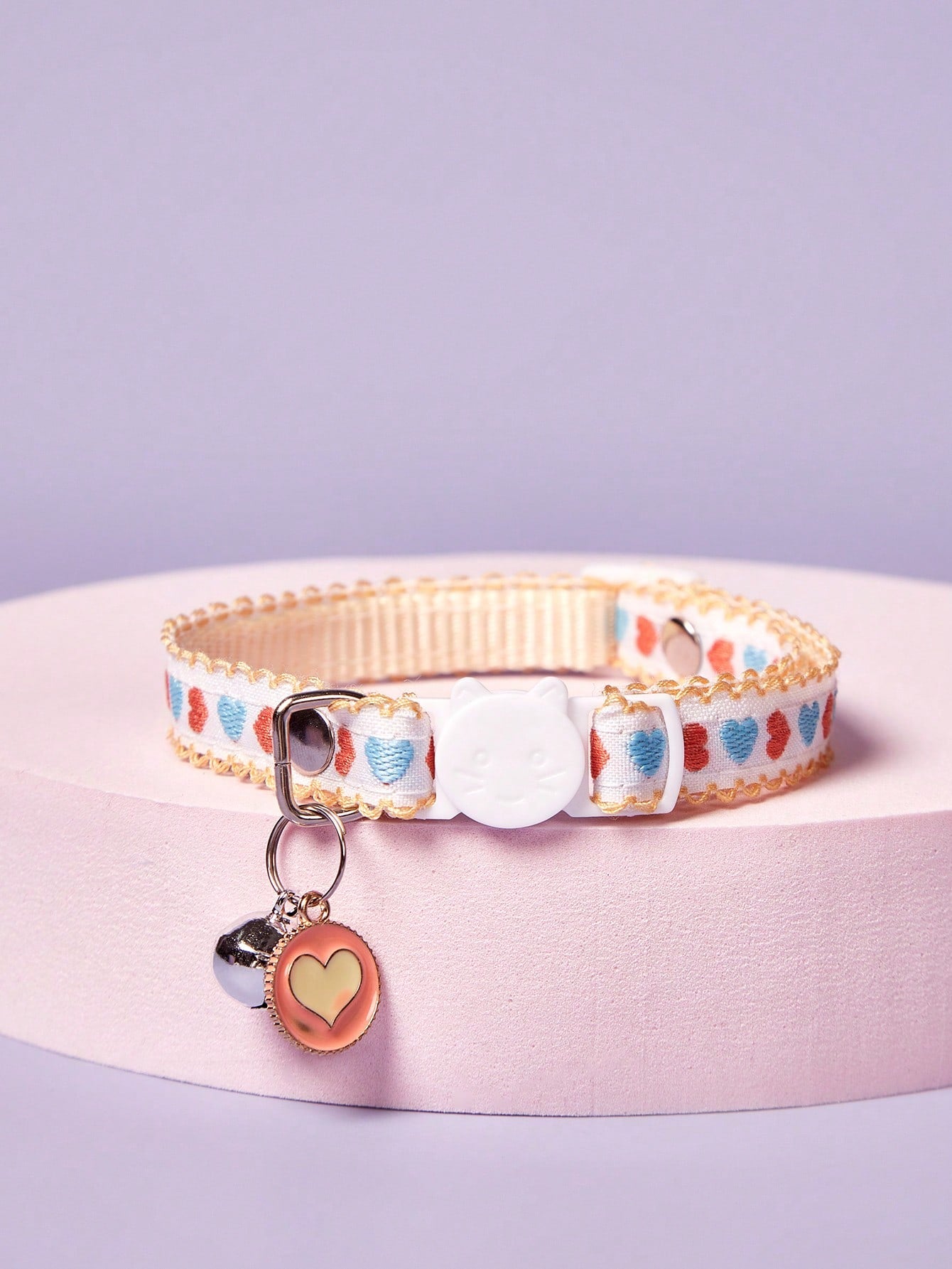 Multicolor adjustable pet collar with embroidered apple or cherry fruit pattern, buckle closure, and bell for cats and small dogs