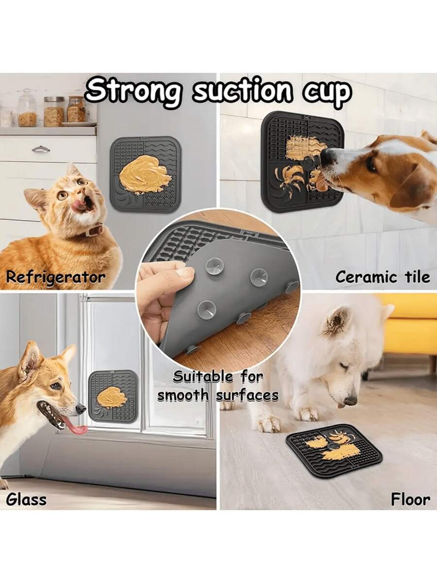 Multicolor square silicone dog lick mat featuring textured slow feeder patterns and suction cups.
