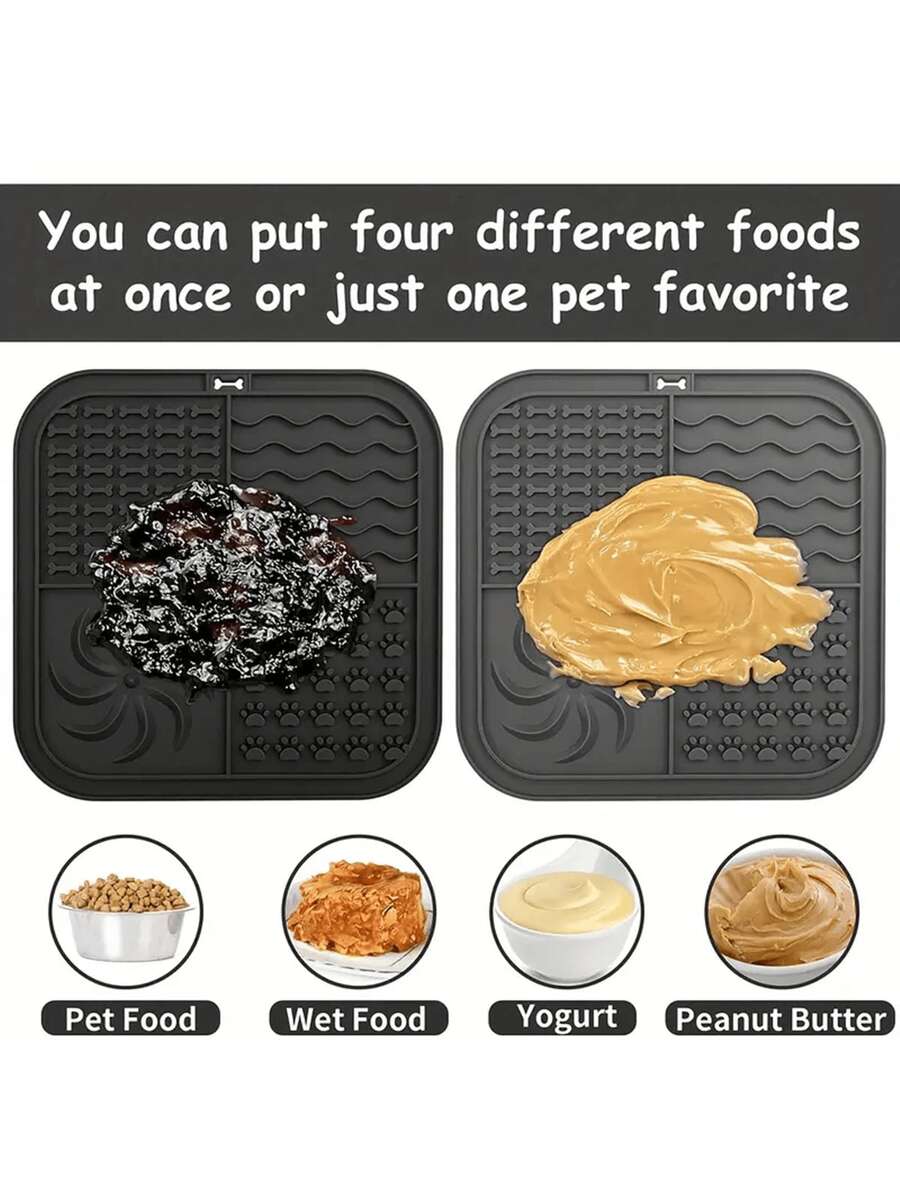 Multicolor square silicone dog lick mat featuring textured slow feeder patterns and suction cups.