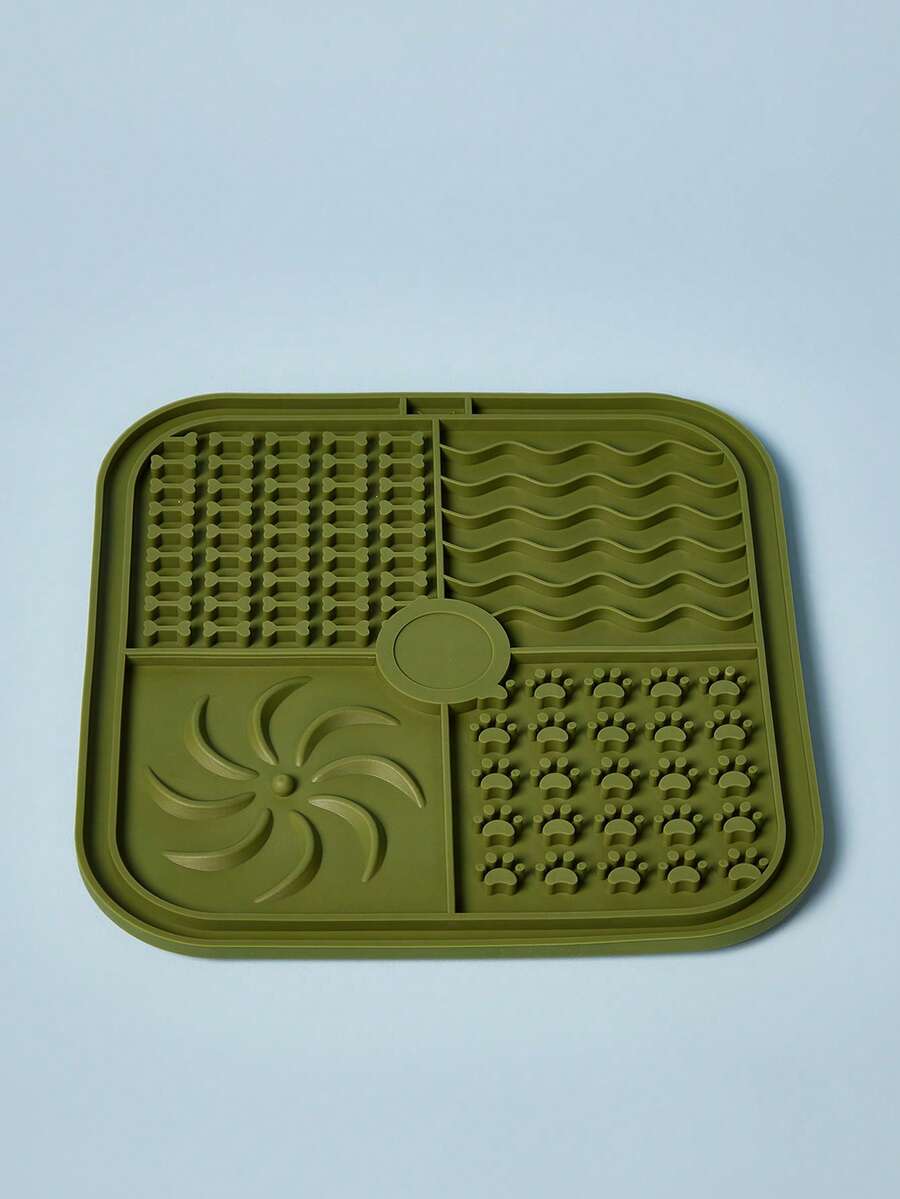 Multicolor square silicone dog lick mat featuring textured slow feeder patterns and suction cups.