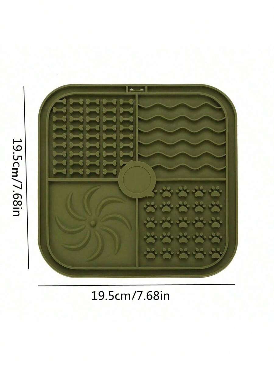 Multicolor square silicone dog lick mat featuring textured slow feeder patterns and suction cups.