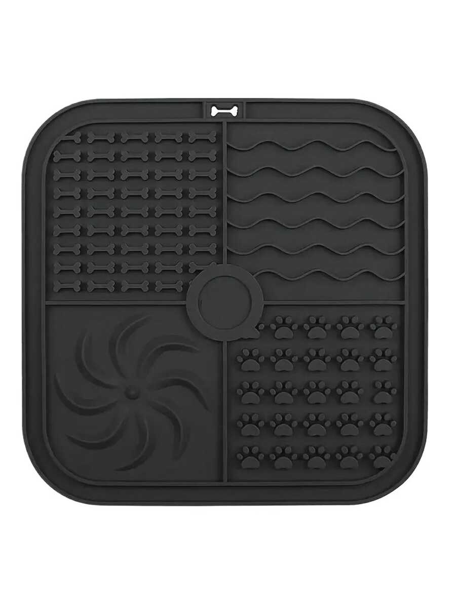 Multicolor square silicone dog lick mat featuring textured slow feeder patterns and suction cups.