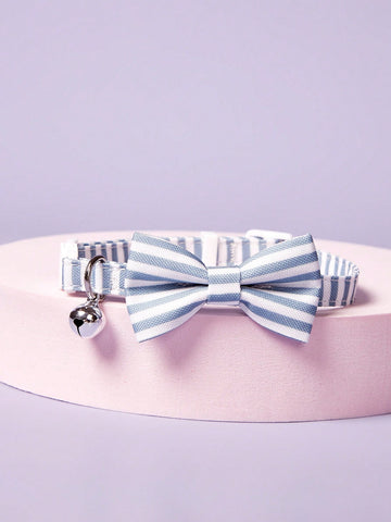 Blue and white striped bow decor pet collar made from polyvinyl chloride for cats and dogs