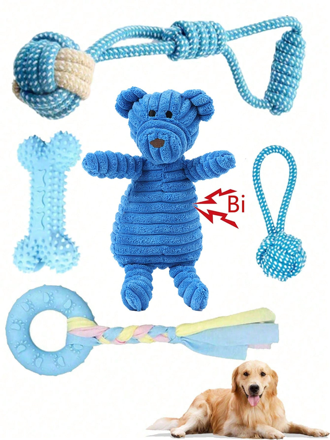 5pcs Luxury Puppy Toys Set, Suitable For Teething Puppies, Includes Cute Squeaky Toys, Balls, And More Rope Toys, Ideal Birthday Gift For Pet Owners, Light Blue, Small Breed