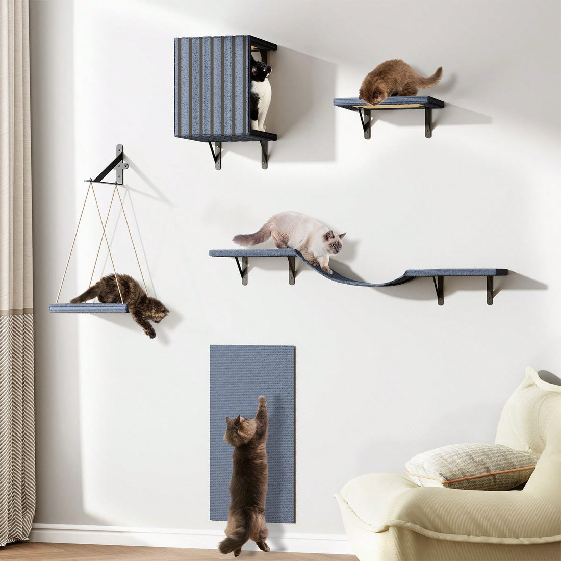 5-piece grey wall mounted cat furniture set including a condo house, bridge, step perches, and sisal scratcher board mounted on a wall.