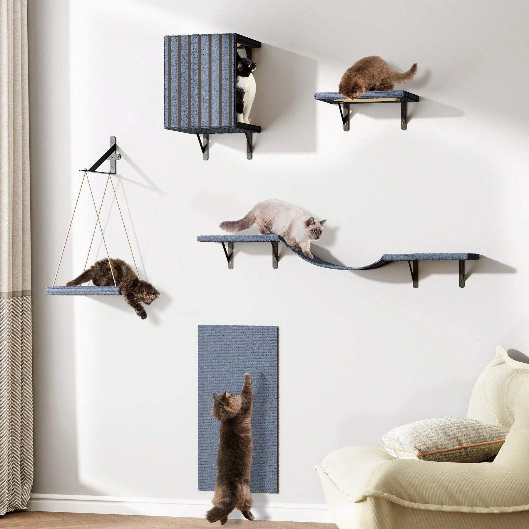5-piece grey wall mounted cat furniture set including a condo house, bridge, step perches, and sisal scratcher board mounted on a wall.
