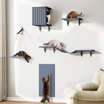 5-piece grey wall mounted cat furniture set including a condo house, bridge, step perches, and sisal scratcher board mounted on a wall.