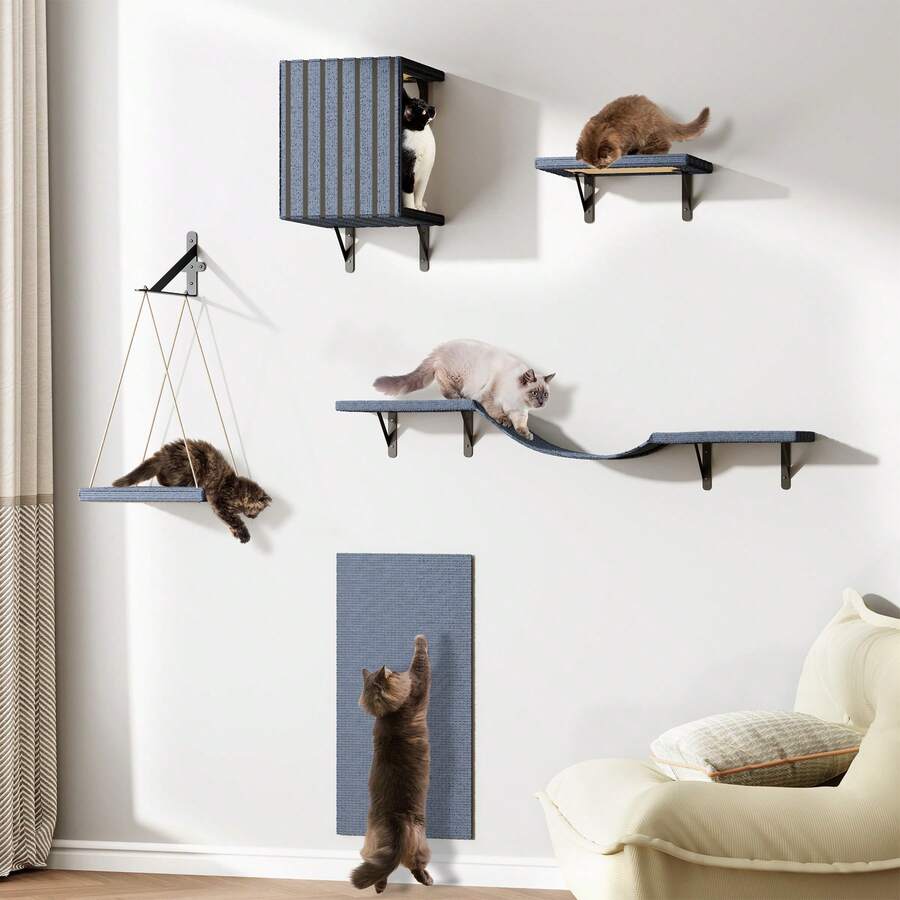 5-piece grey wall mounted cat furniture set including a condo house, bridge, step perches, and sisal scratcher board mounted on a wall.