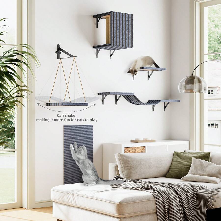 5-piece grey wall mounted cat furniture set including a condo house, bridge, step perches, and sisal scratcher board mounted on a wall.