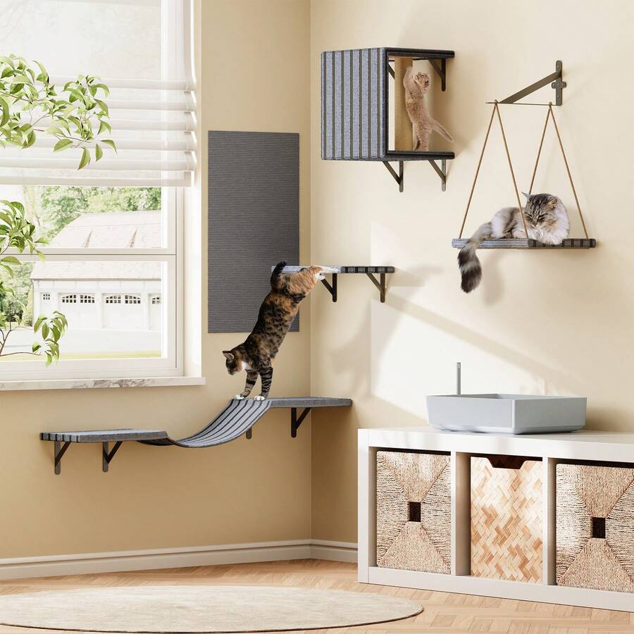 5-piece grey wall mounted cat furniture set including a condo house, bridge, step perches, and sisal scratcher board mounted on a wall.