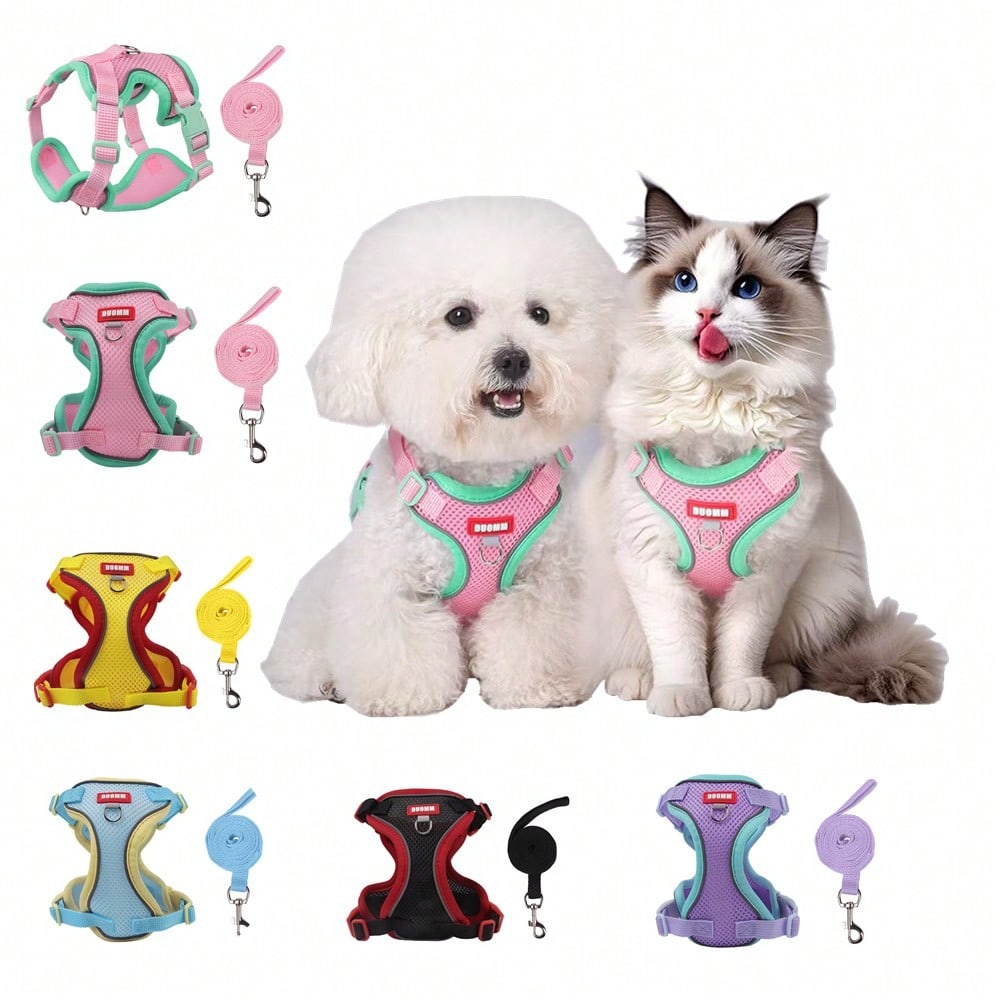 Multicolor adjustable polyester pet harness and leash set with cartoon pattern for cats and small dogs, designed for breathable outdoor walking.