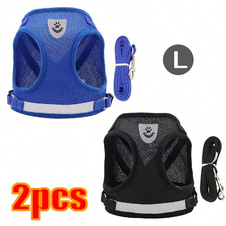 Multicolor reflective polyester vest harness and leash set for cats and dogs with brush and foldable food bowl for outdoor walking and travel