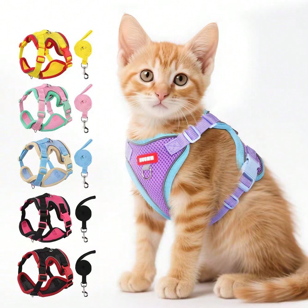 Multicolor adjustable polyester pet harness and leash set with cartoon pattern for cats and small dogs, designed for breathable outdoor walking.