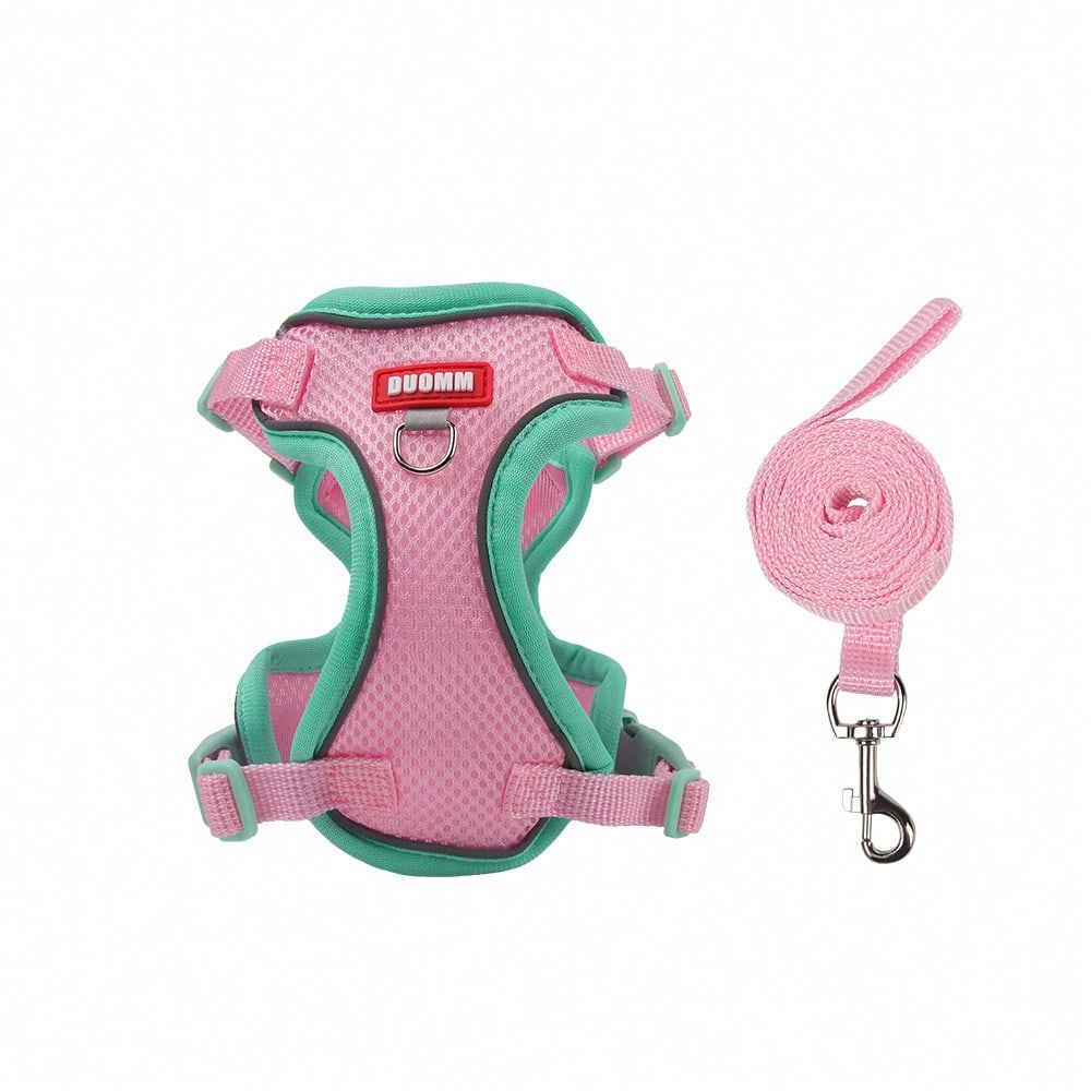 Multicolor adjustable polyester pet harness and leash set with cartoon pattern for cats and small dogs, designed for breathable outdoor walking.