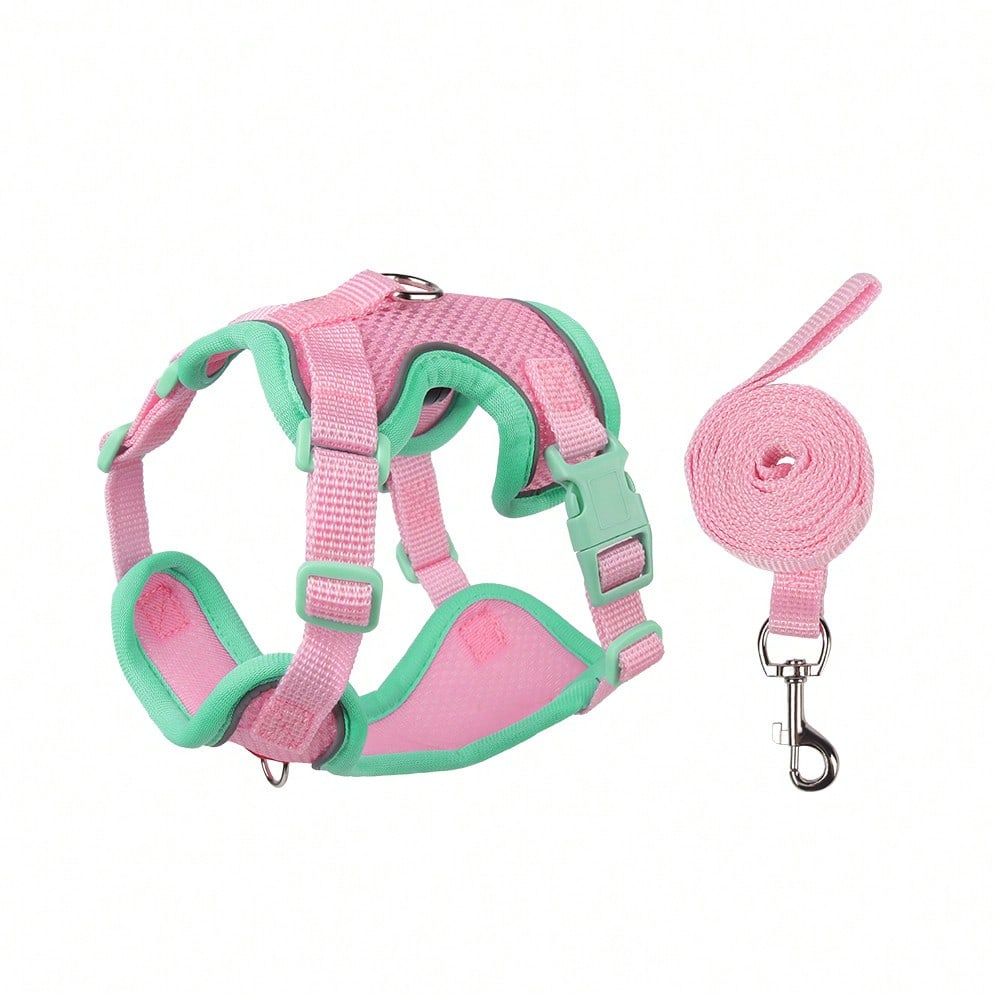 Multicolor adjustable polyester pet harness and leash set with cartoon pattern for cats and small dogs, designed for breathable outdoor walking.