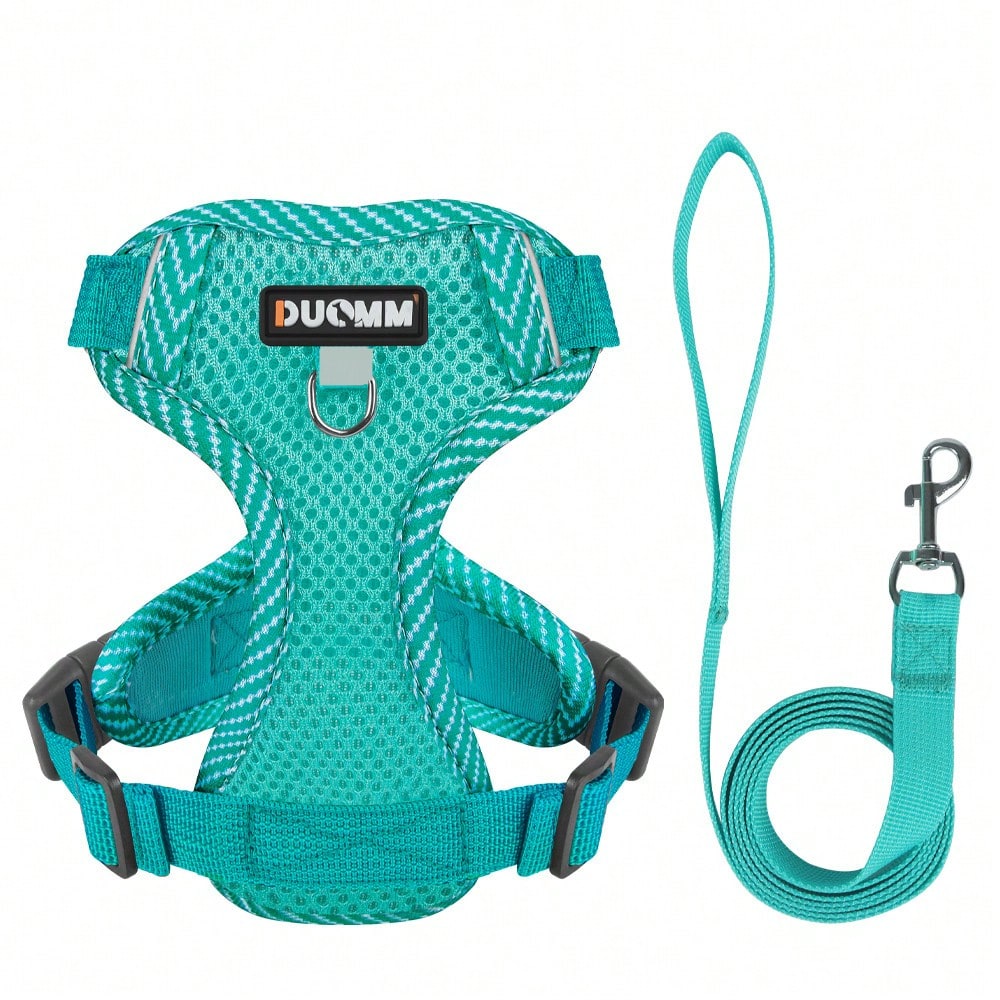 Army green printed pet harness and leash set with breathable mesh, adjustable chest harness, reflective details, and soft polyester design for cats and small dogs.