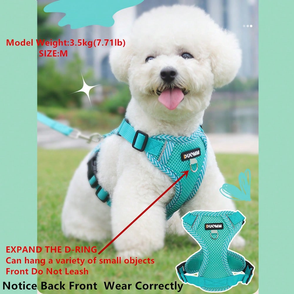 Army green printed pet harness and leash set with breathable mesh, adjustable chest harness, reflective details, and soft polyester design for cats and small dogs.