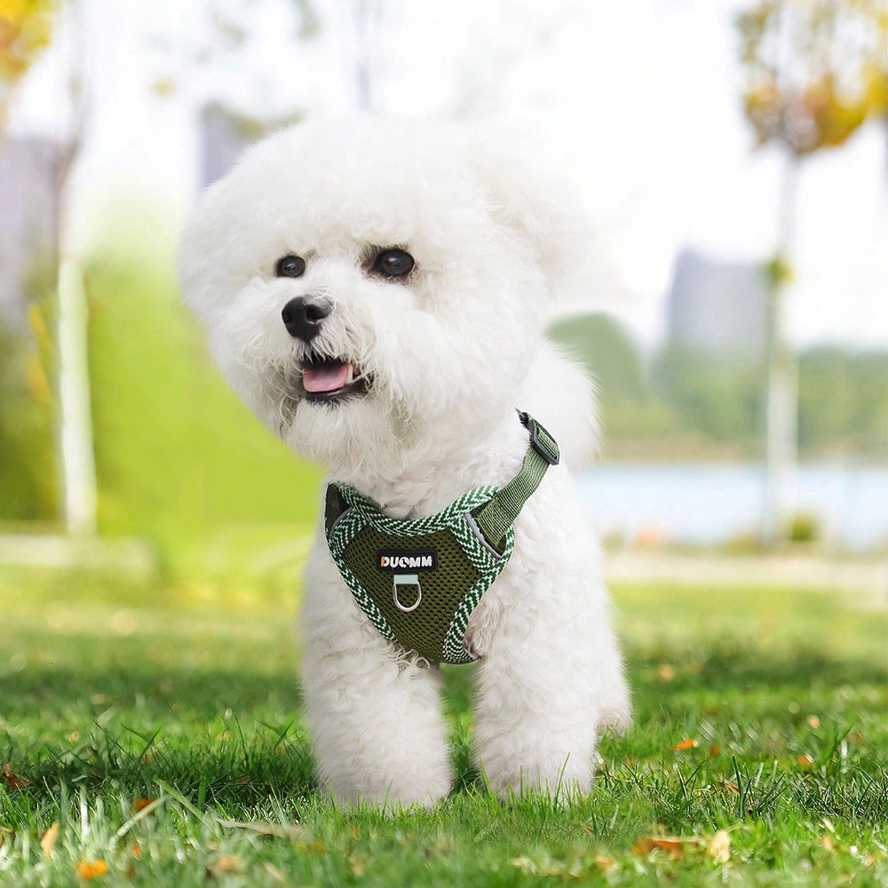 Army green printed pet harness and leash set with breathable mesh, adjustable chest harness, reflective details, and soft polyester design for cats and small dogs.