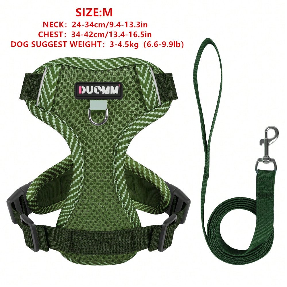 Army green printed pet harness and leash set with breathable mesh, adjustable chest harness, reflective details, and soft polyester design for cats and small dogs.