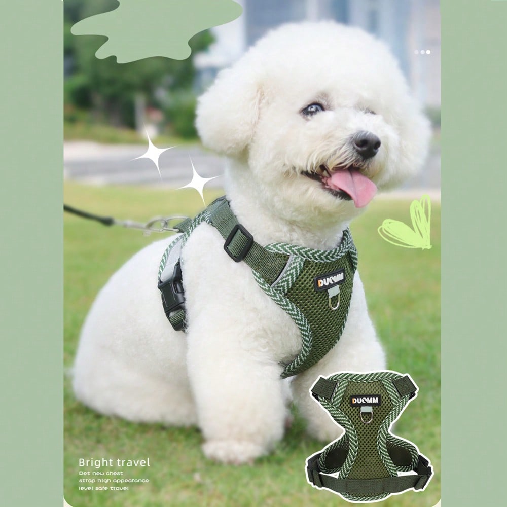 Army green printed pet harness and leash set with breathable mesh, adjustable chest harness, reflective details, and soft polyester design for cats and small dogs.