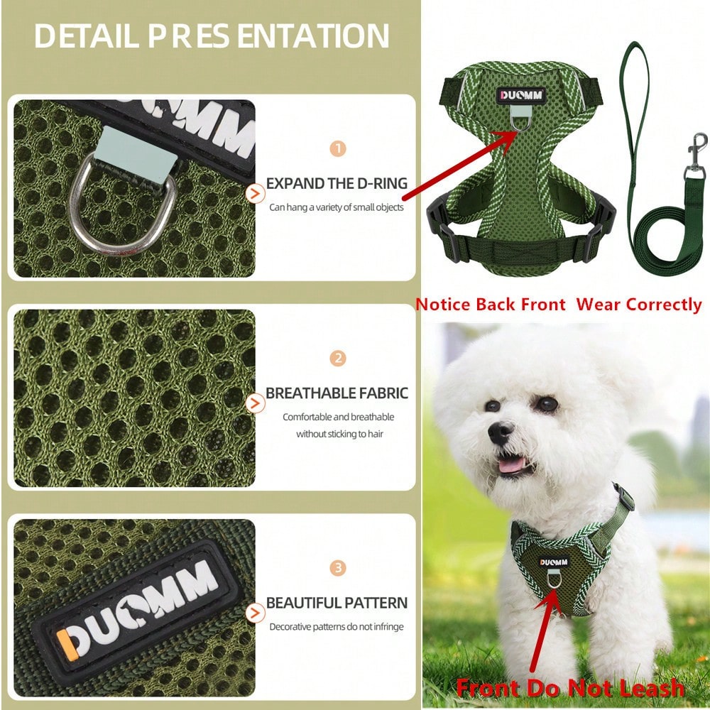 Army green printed pet harness and leash set with breathable mesh, adjustable chest harness, reflective details, and soft polyester design for cats and small dogs.