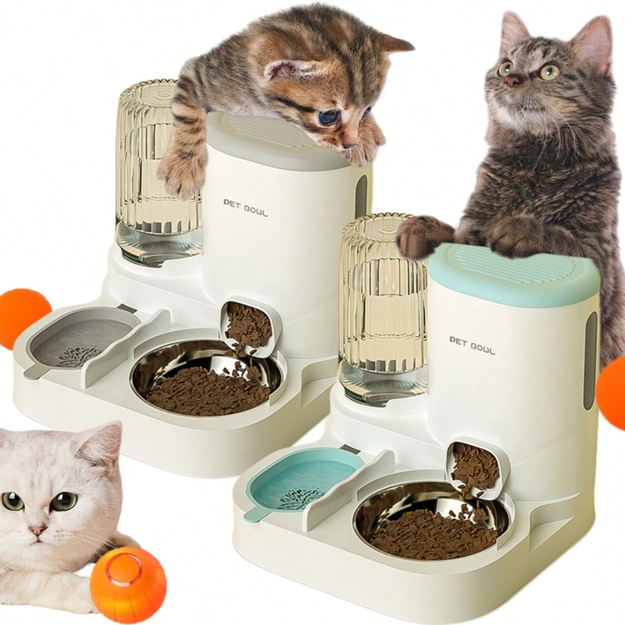 LocalTwo-In-One Automatic Cat Water Dispenser Set-Detachable, Washable, Automatic Feeding Station, Indoor Cat Food Bowl