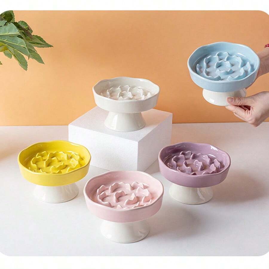 Multicolor elevated slow feeder cat bowl made of PP material with a textured pattern for neck protection and anti-tipping pet feeding.