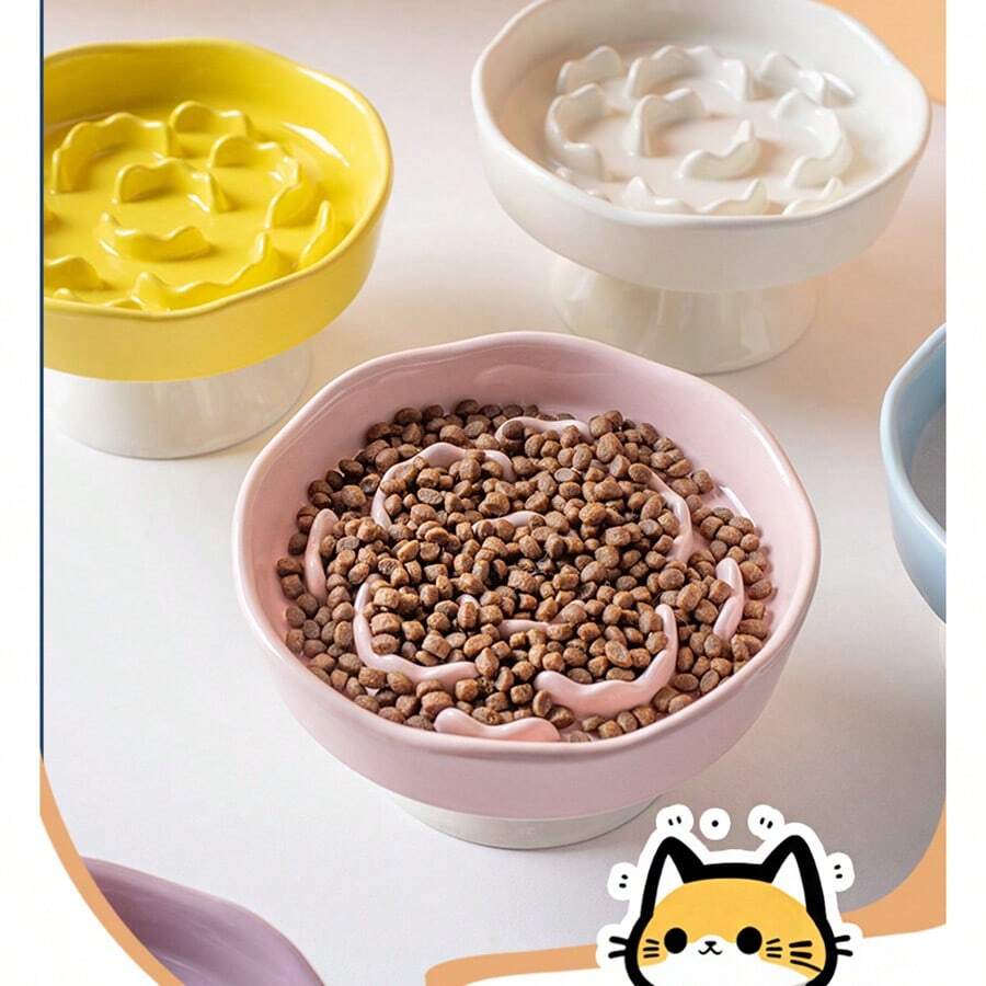 Multicolor elevated slow feeder cat bowl made of PP material with a textured pattern for neck protection and anti-tipping pet feeding.