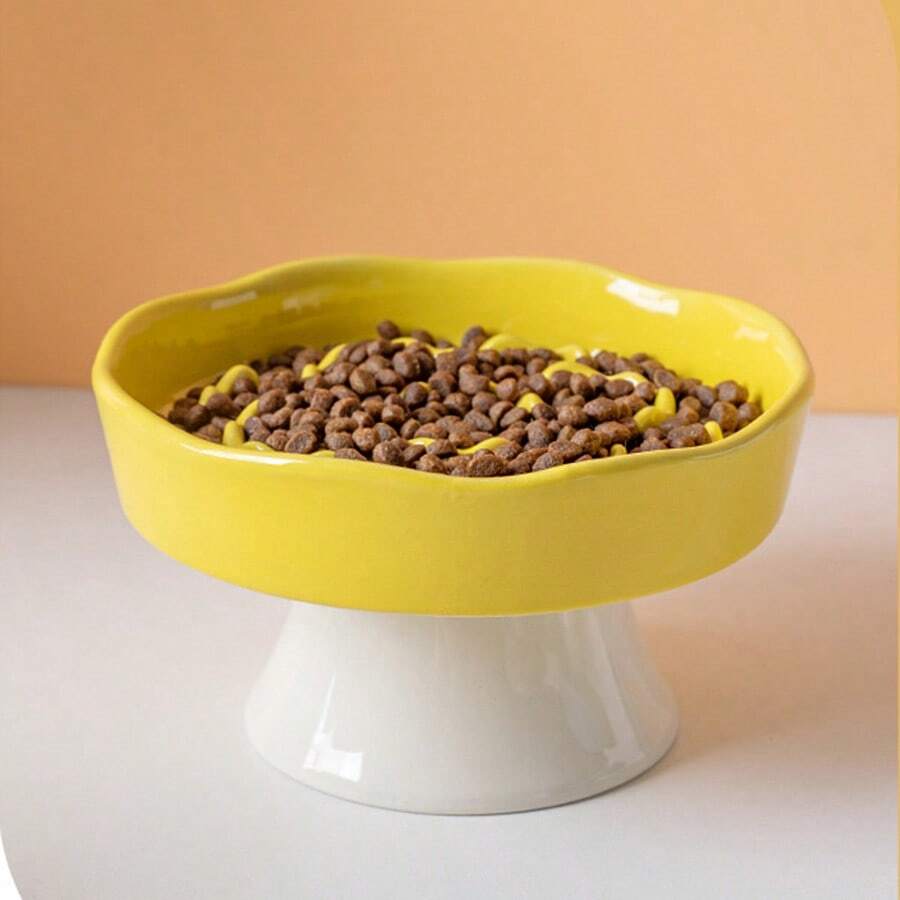 Multicolor elevated slow feeder cat bowl made of PP material with a textured pattern for neck protection and anti-tipping pet feeding.
