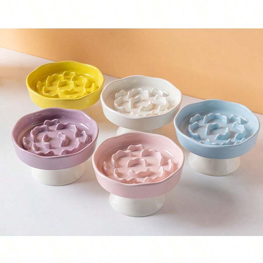 Multicolor elevated slow feeder cat bowl made of PP material with a textured pattern for neck protection and anti-tipping pet feeding.