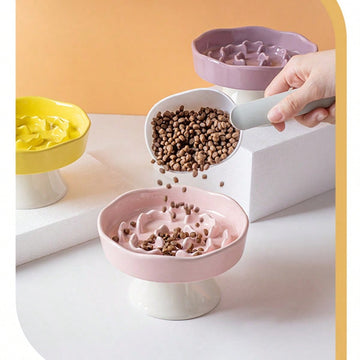 Multicolor elevated slow feeder cat bowl made of PP material with a textured pattern for neck protection and anti-tipping pet feeding.