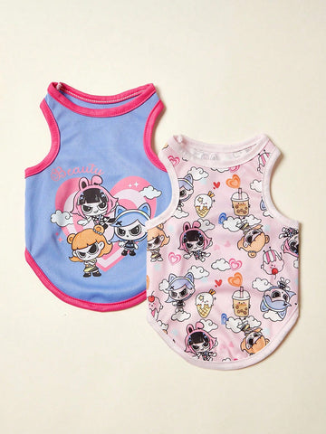2pc Pet Cat Dog Universal Pink Daisy Cute Print Casual Comfortable Breathable Dog Vest