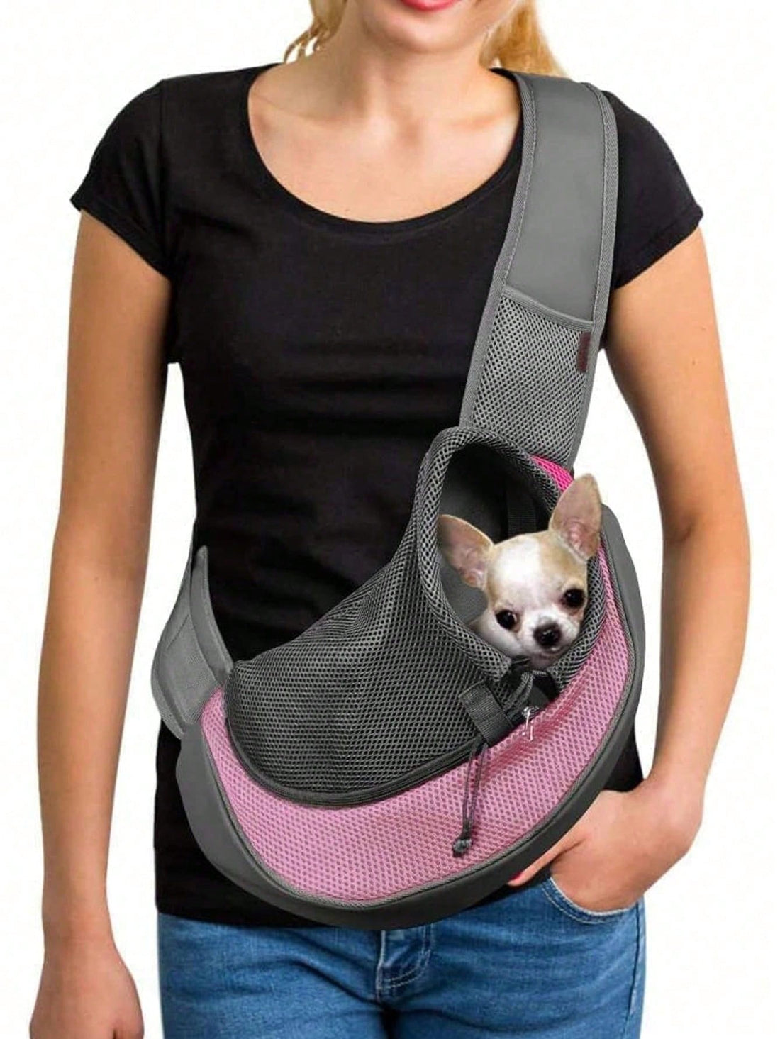 Pink colorblock pet travel tote bag with breathable fabric and single shoulder strap for carrying small cats and dogs