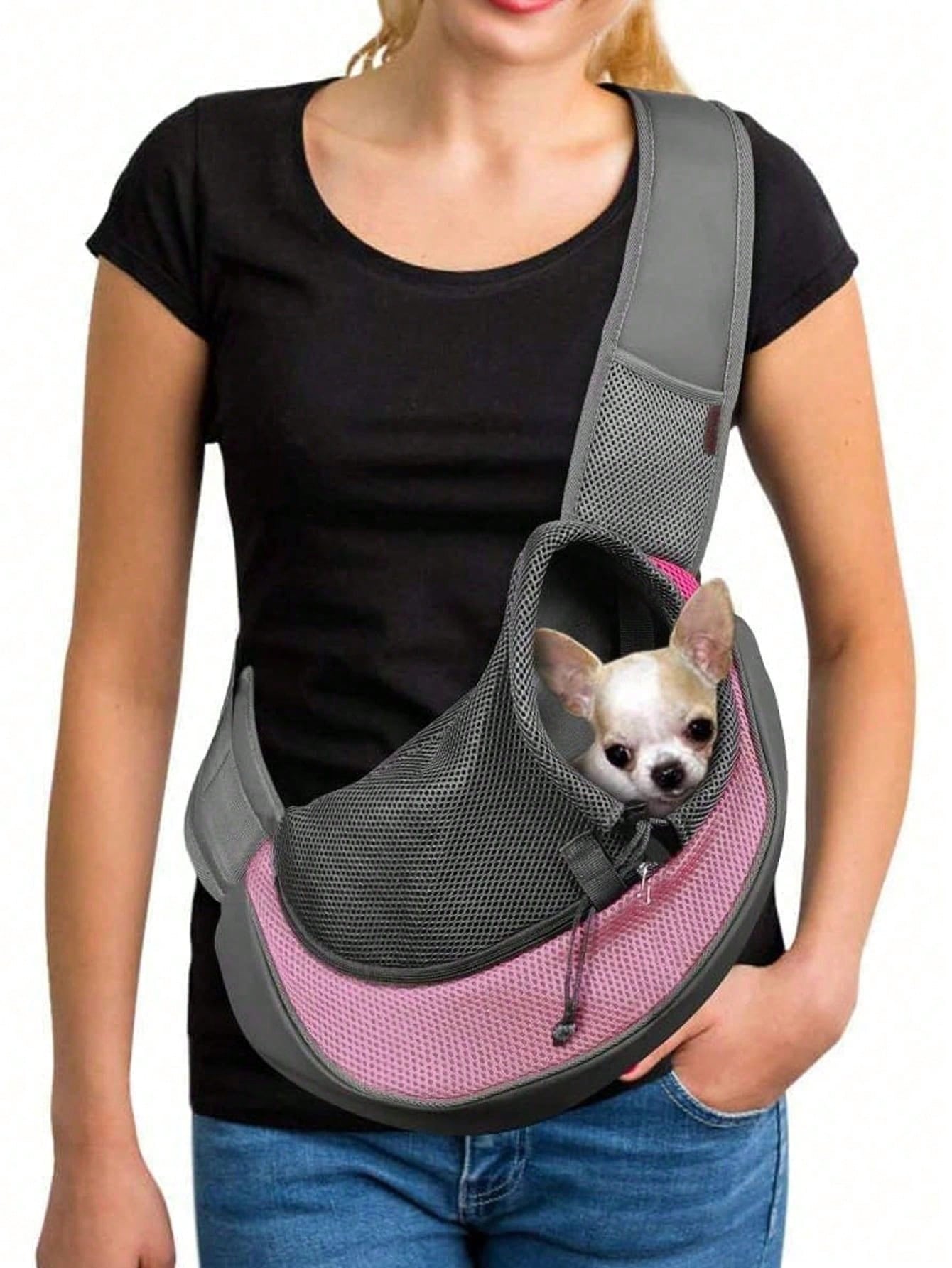 Pink colorblock pet travel tote bag with breathable fabric and single shoulder strap for carrying small cats and dogs