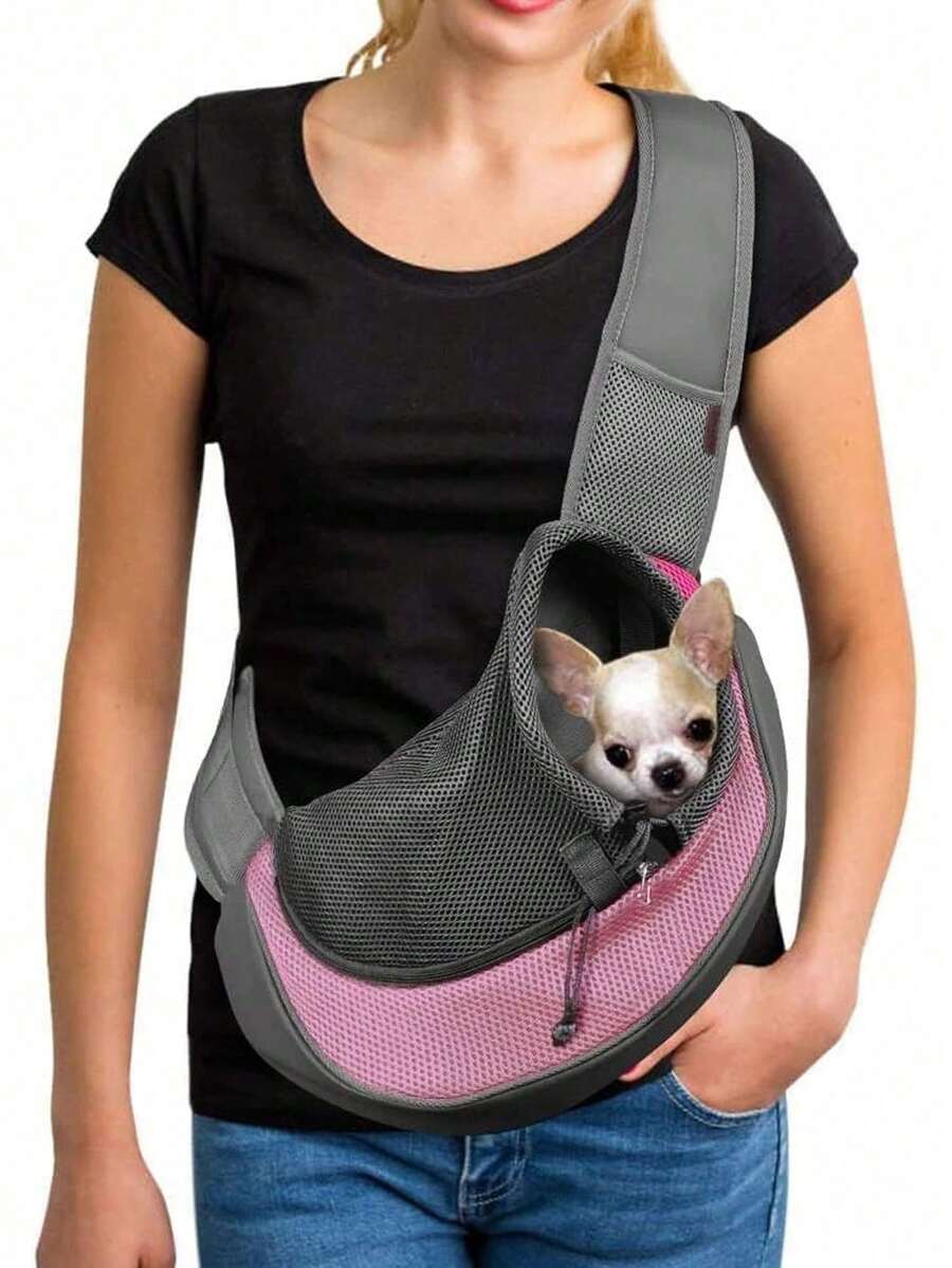 Pink colorblock pet travel tote bag with breathable fabric and single shoulder strap for carrying small cats and dogs