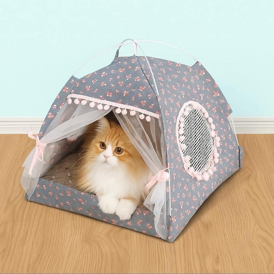 Multicolor princess style pet tent bed for cats and small dogs featuring a breathable sunshade design.
