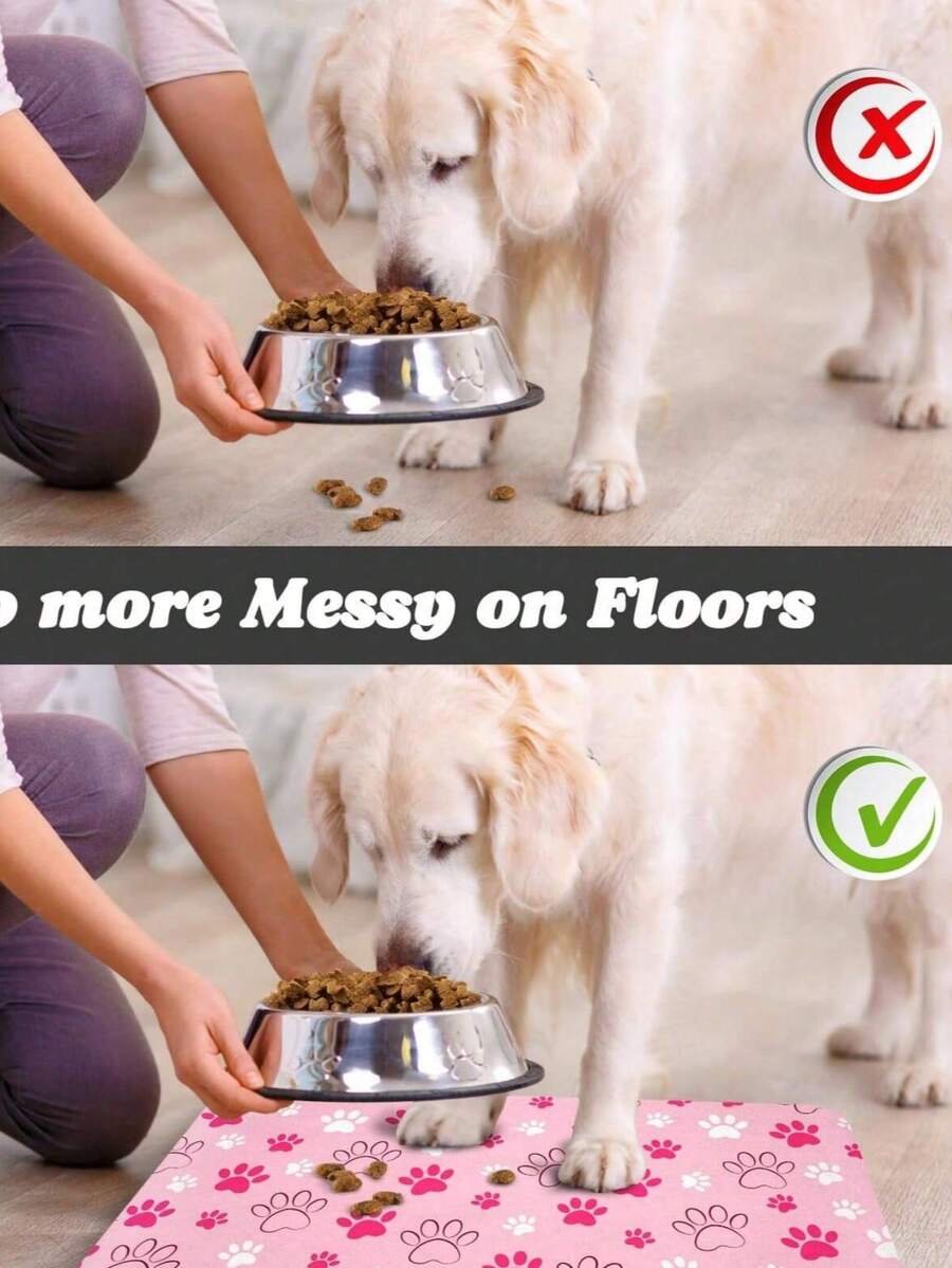 Black and white cartoon diatomite pet feeding mat placed under dog and cat food and water bowls to catch spills.