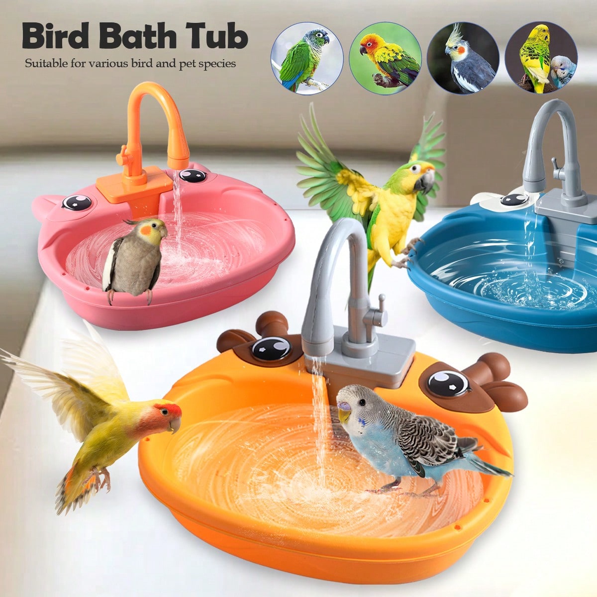 Multicolor electric parrot bird bath tub with automatic water circulation faucet and pet bathing basin