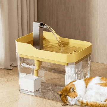 Yellow PE automatic cat water fountain dispenser with 50.72 oz capacity and USB power cord.