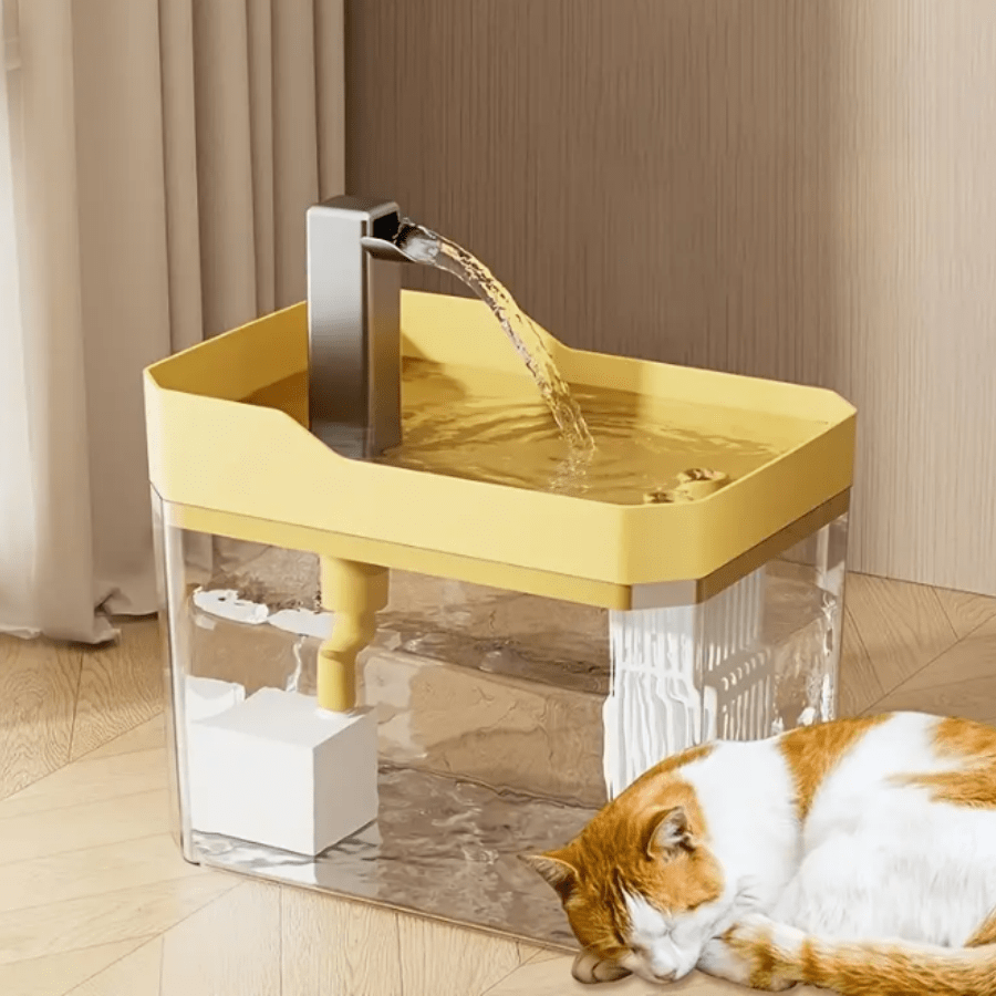 Yellow PE automatic cat water fountain dispenser with 50.72 oz capacity and USB power cord.