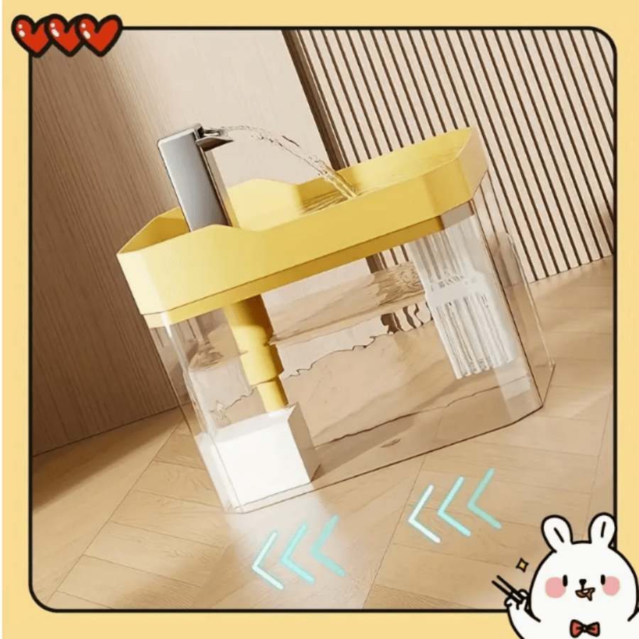 Yellow PE automatic cat water fountain dispenser with 50.72 oz capacity and USB power cord.