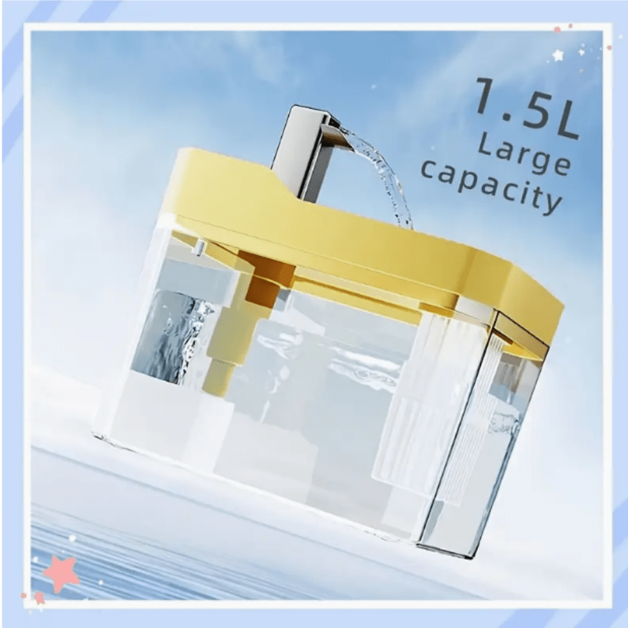 Yellow PE automatic cat water fountain dispenser with 50.72 oz capacity and USB power cord.