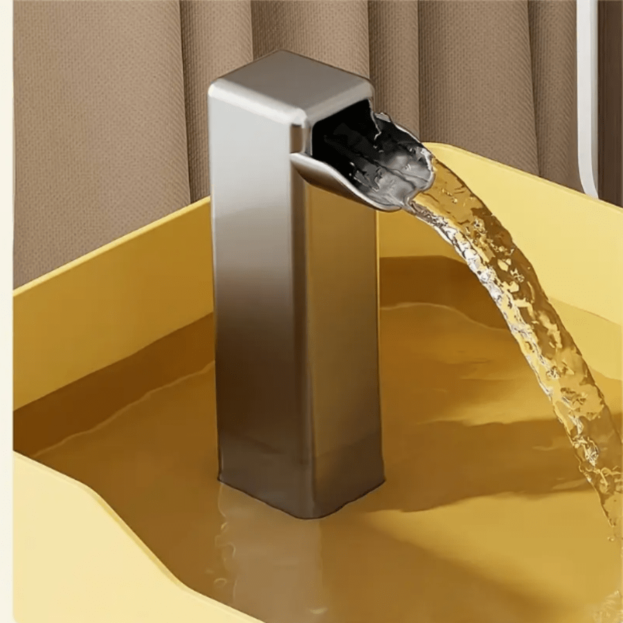 Yellow PE automatic cat water fountain dispenser with 50.72 oz capacity and USB power cord.