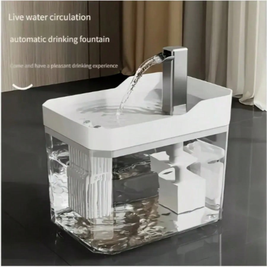 Yellow PE automatic cat water fountain dispenser with 50.72 oz capacity and USB power cord.