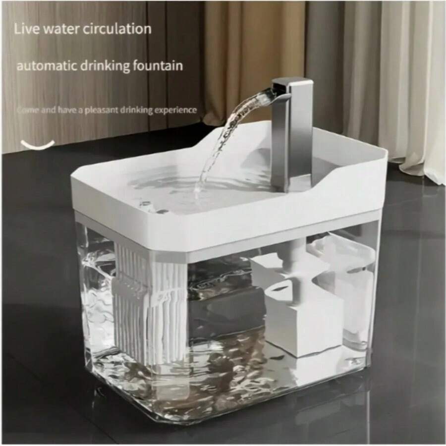 Yellow PE automatic cat water fountain dispenser with 50.72 oz capacity and USB power cord.