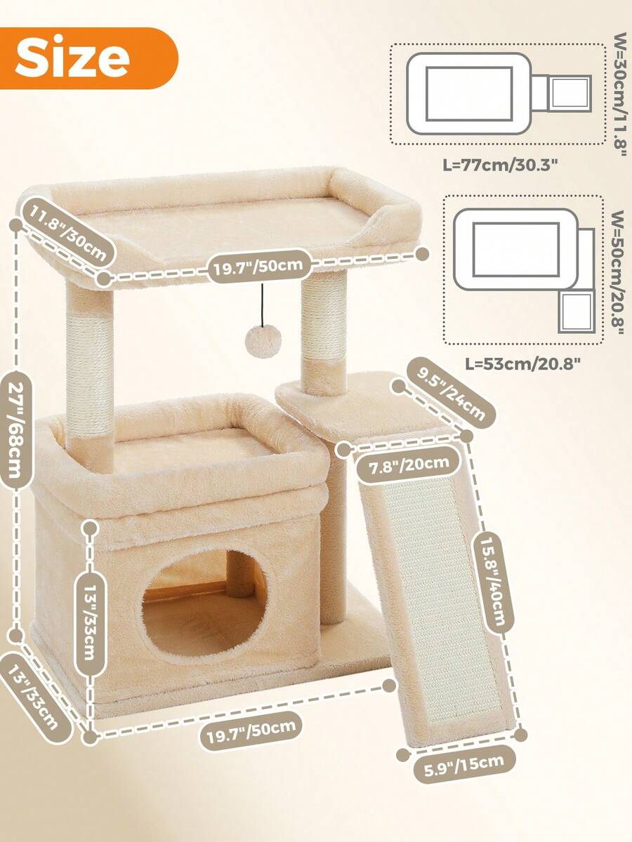 Small vintage cat tree tower for indoor cats featuring a cozy cushioned top perch, soft cat condo, natural sisal scratching posts, and a scratching ladder.